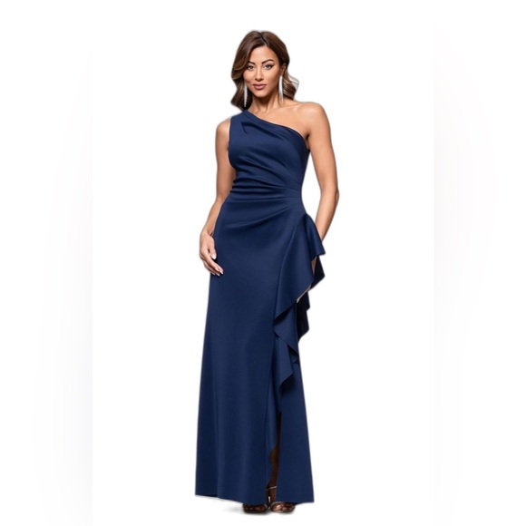 Xscape Women's One-Shoulder Gown with Cascading Ruffle Detail and Ruched Waist - Picture 1 of 8